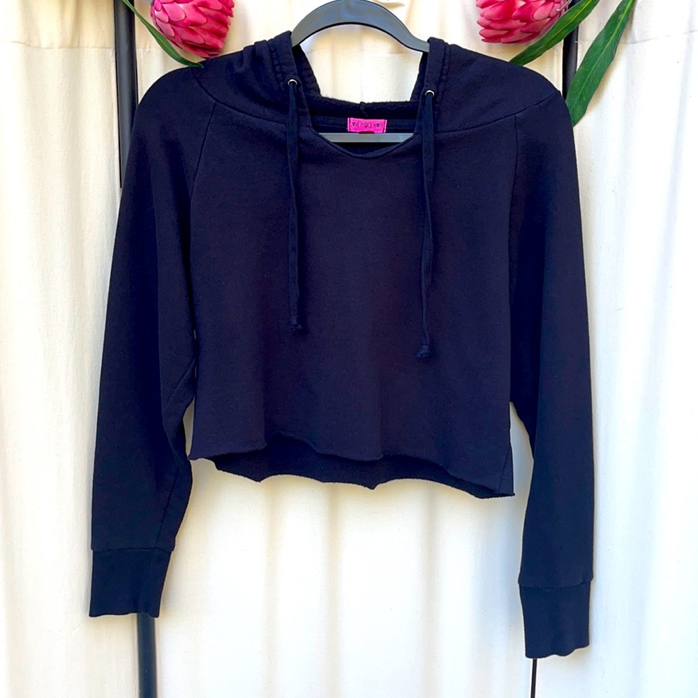 ❗️DONATED❗️ BLACK DISTRESSED CROP TOP PULLOVER HOODIE SMALL - Picture 1 of 10